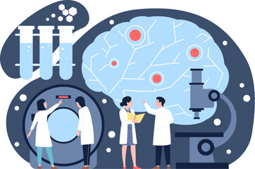 Neurology medical check up. Brain research, neurological study exam with students doctors. Psychology health, diagnostic recent vector concept