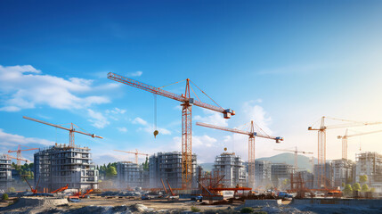 Fototapeta na wymiar Tower cranes against the blue or sunrise or sunset sky. House under construction. Industrial skyline