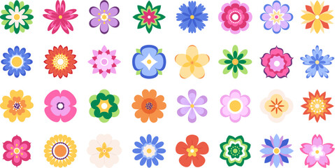 Isolated flower color pictogram, flat flowers motifs. Floral icons, stylized blossom elements with petals. Minimalistic seasonal racy vector set