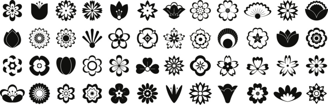 Isolated black flowers signs, flower icons. Styling simple daisy floral symbols. Plant silhouettes graphic, minimal racy vector decoration set