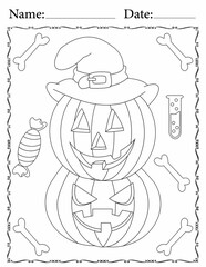 funny Halloween coloring page for adults and kids contains a ghost, witch hat, cat, spider, candy, skull, bat, spells, and pumpkin