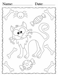 adorable Halloween coloring page for kids and adults contains a ghost, witch hat, cat, spider, candy, skull, bat, spells, and pumpkin