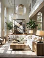 This minimalistic living room, featuring a cozy wooden couch, a modern table, an indoor plant, and other elegant furniture, creates a warm and inviting atmosphere that is perfect for both entertainin - obrazy, fototapety, plakaty