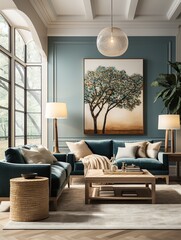 This minimalistic yet inviting living room boasts a warm wooden interior, stylish furniture, and a vibrant painting on the wall, creating a cozy and stylish den for relaxation and enjoyment