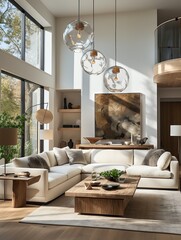 A minimalist wooden interior design of an apartment living room featuring a cozy sofa, loveseat, coffee table, wall decor, and plush pillows creates a warm and inviting atmosphere