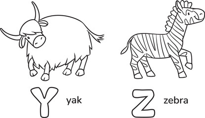 Zebra and yak. Animals ABC coloring book for kids