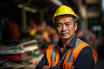 Asian Construction site manager standing or worker with folded arms wearing safety vest and helmet, thinking at construction site. Portrait of mixed race manual worker or architect with satisfaction.