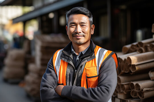 Asian Construction site manager standing or worker with folded arms wearing safety vest and helmet, thinking at construction site. Portrait of mixed race manual worker or architect with satisfaction.