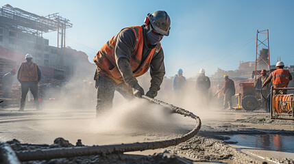 A construction worker control working with a concrete pump on construction site