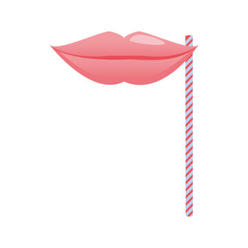 Pink lips mask on a stick. Photo booth props idea. Carnival costume party accessories. Fun wedding and birthday event celebration concept. Vector illustration on white background.