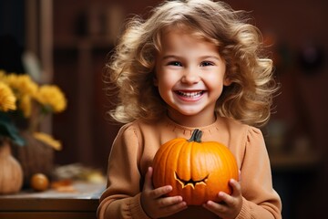 Fototapeta premium playful cute little girl holding Halloween pumpkin made with generative ai technology
