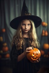 playful cute little girl holding Halloween pumpkin made with generative ai technology