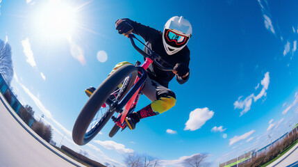 BMX riding Extreme Sport. bright colors. Wide lens style. Generative AI.