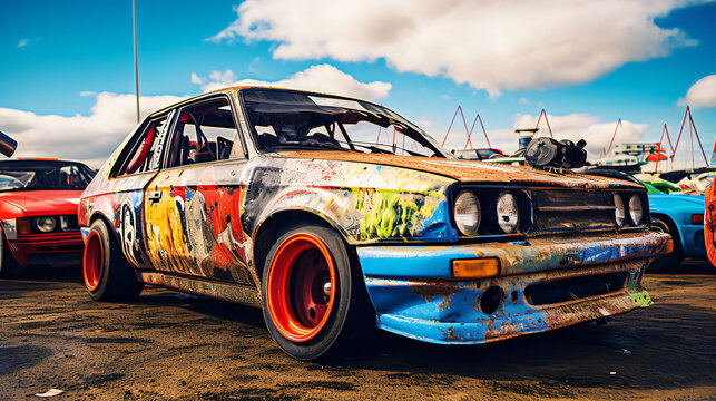 Banger Racing Extreme Sport. bright colors. Wide lens style. Generative AI.