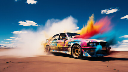 Drifting  Extreme Sport. bright colors. Wide lens style. Generative AI.