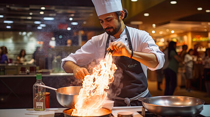 A chef is demonstrating his cooking methods in the restaurant, attracting many customers to come and taste
