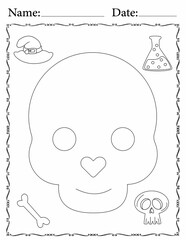 cute Halloween coloring page for kids and adults contains a ghost, witch hat, cat, spider, candy, skull, bat, spells, and pumpkin