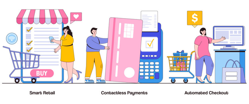 Smart Retail, Contactless Payments, Automated Checkout Concept With Character. Digital Shopping Experience Abstract Vector Illustration Set. Convenience, Seamless Transactions Metaphor