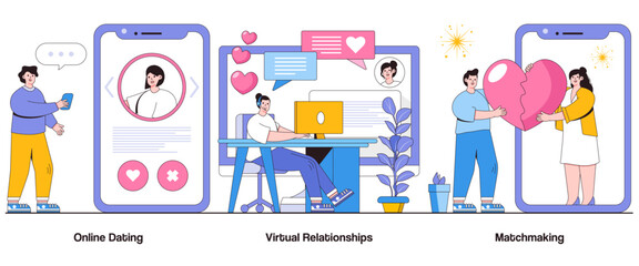 Obraz na płótnie Canvas Online Dating, Virtual Relationships, Matchmaking Concept with Character. Digital Romance Abstract Vector Illustration Set. Connections, Chemistry, Love in the Digital Age Metaphor
