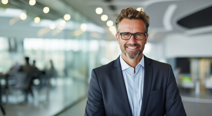 Businessman with glasses and beard stands smiling in modern glass office - theme ERP system or ERP software - Generative AI - obrazy, fototapety, plakaty