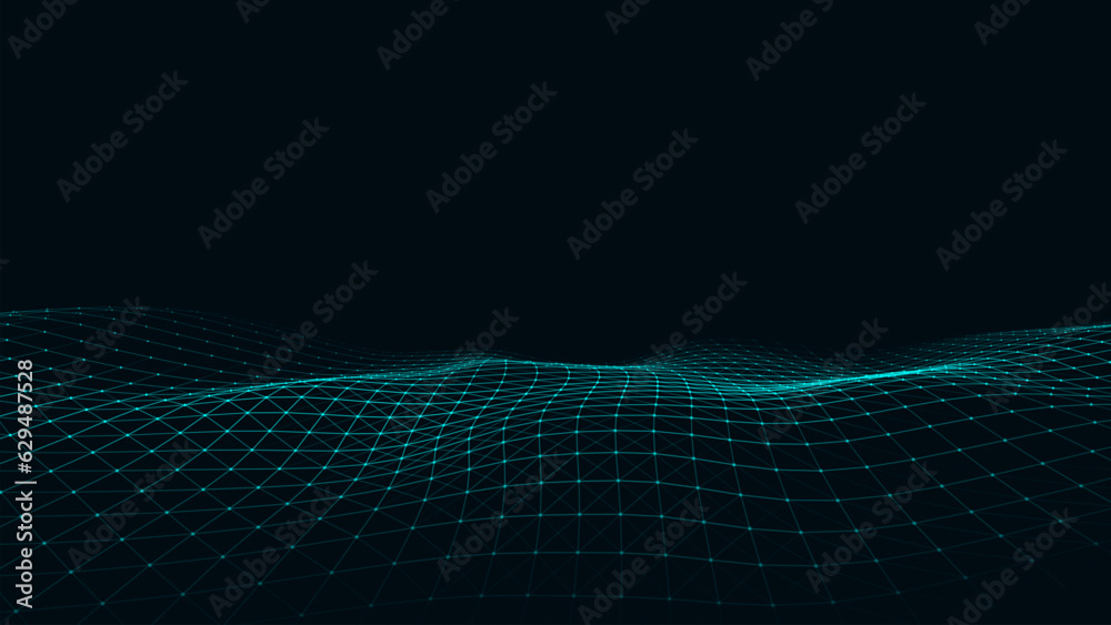 Fototapete Abstract technology wave of particles. Big data visualization. Vector background with motion dots and lines. Artificial intelligence.