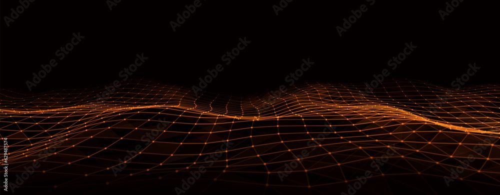 Fototapete Abstract technology wave of particles. Big data visualization. Vector background with motion dots and lines. Artificial intelligence.