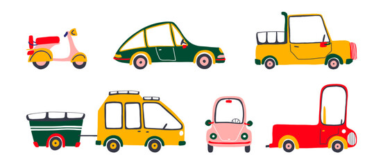 Bundle of cute cars. Toys set with targa, van, motorbike, jeep, minivan. Hand drawn vector illustration for kids textile design, sticker, t-shirt, poster. .