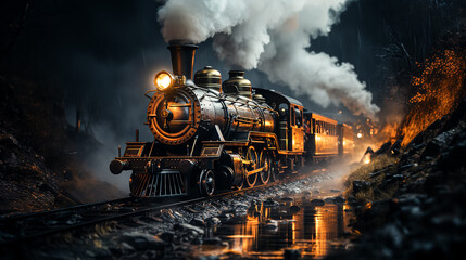 steam train in the jungle - obrazy, fototapety, plakaty