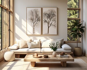 A cozy living room with a plush couch, vibrant window, exquisite vase, and lush houseplants, artfully designed to bring a touch of nature indoors