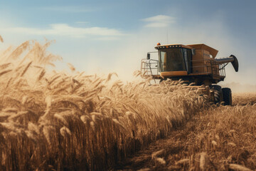 Fototapeta premium Front view of a harvester harvesting wheat in a field.