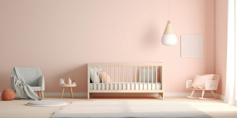 Modern nursery room interior, neutral unisex colors, Scandinavian Style, 3D illustration. Generative AI - obrazy, fototapety, plakaty