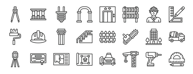 set of 24 outline web architecture icons such as compass, colonnade, plug, arc, lift, barrier, architect vector icons for report, presentation, diagram, web design, mobile app
