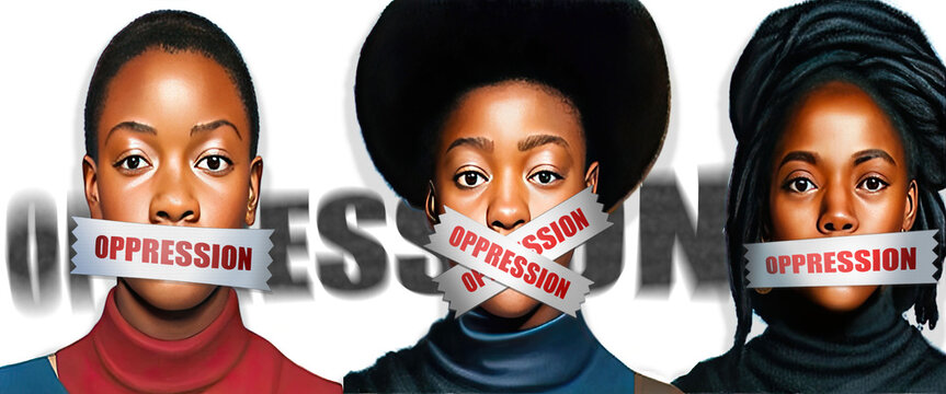 Oppression silencing Women Of Color. A metaphor showing hostile forces of Oppression trying to suppress Women's voices depriving them of right to speak. With help of Generative AI