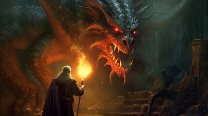 Fierce dragon meets wizard