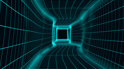 Wireframe room on the blue background. Vector perspective grid. Box with digital space.