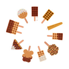 Circle frame. Sweet food and desserts food of golden brown homemade corn dogs waffles on a stick in various flavors