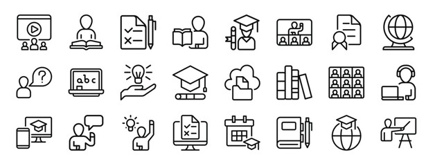set of 24 outline web online class icons such as video tutorial, reading book, test, teaching, graduation, online class, certificate vector icons for report, presentation, diagram, web design, - obrazy, fototapety, plakaty
