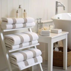 Obraz na płótnie Canvas Modern bathroom interior, pile of clean towels and toiletries, white walls, sunny day