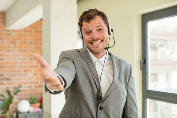 smiling happily and offering or showing a concept. telemarketer concept