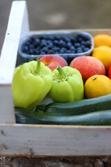 Wooden crate full of healthy seasonal fruit and vegetable, in the garden. Selective focus.