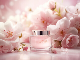 Obraz na płótnie Canvas Soft Pink Cosmetics with Blooming Flowers