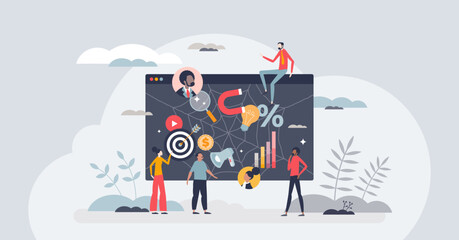 Web marketing and internet advertising using SEO tools tiny person concept. Website management and business strategy using ads, banners, promotion campaigns and CRM software vector illustration.