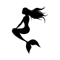 Vector illustration. Mermaid princess woman silhouette. Girls with fins underwater. Fish.