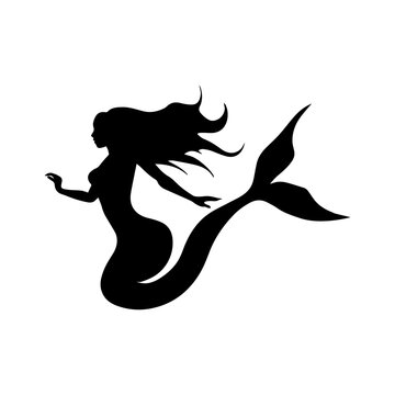 Vector illustration. Mermaid princess woman silhouette. Girls with fins underwater. Fish.