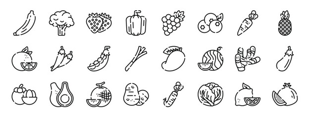 set of 24 outline web fruits and vegetables icons such as banana, broccoli, strawberry, bell pepper, grape, blueberry, carrot vector icons for report, presentation, diagram, web design, mobile app