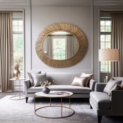 Modern living room interior with comfortable sofa and big oval statement mirror on the wall - obrazy, fototapety, plakaty