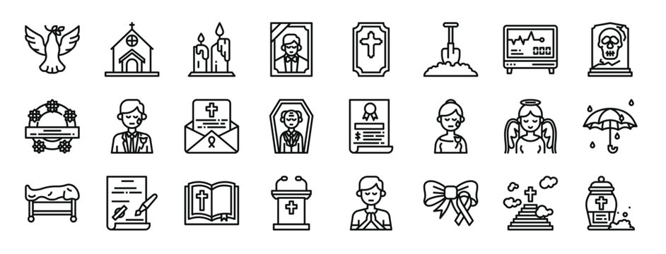 set of 24 outline web funeral icons such as dove, christianity, candle, man, coffin, shovel, electrocardiogram vector icons for report, presentation, diagram, web design, mobile app