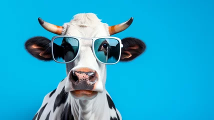 Rolgordijnen portrait of a cow with sunglasses. Generative AI © Aghavni