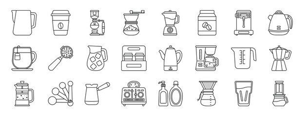 set of 24 outline web coffee shop icons such as pitcher, coffee cup, syphon, coffee maker, mixer blender, bag, steamer vector icons for report, presentation, diagram, web design, mobile app