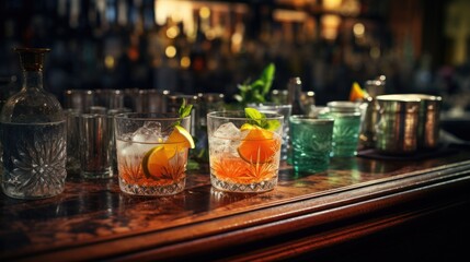 Bar cocktails Old fashioned negroni with orange on counter.Cocktail close up in a bar setting. Blurred people in the background. Selective focus on the icy drink and glass.